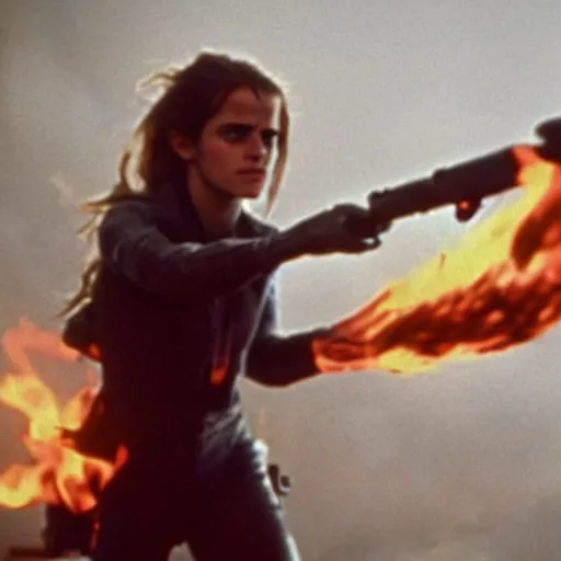 Image similar to film still of Emma Watson holding a flamethrower in Alien 1979, 4k