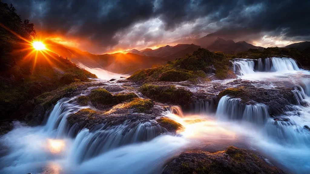 Image similar to amazing landscape photo of a water fall in sunset by marc adamus, beautiful dramatic lighting