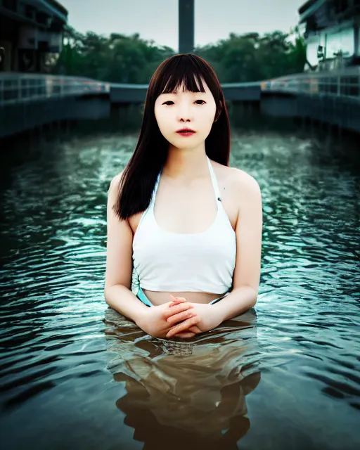 Prompt: beautiful centered photo portrait of korean girl as a solarpunk cyborg with white mechanical parts and implanted bright halogen lamps, treading on calm water, ultra - realistic and detailed, sun lit, white background, bokeh, soft focus, slow exposure hdr 8 k