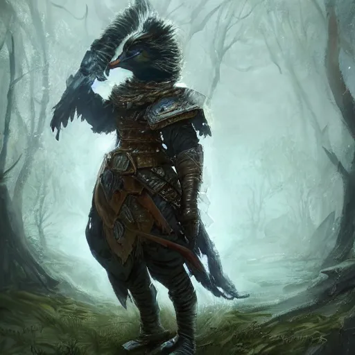 Image similar to Duck in armor, portrait, woods, magic the gathering artwork, D&D, fantasy, cinematic lighting, centered, symmetrical, highly detailed, digital painting, artstation, concept art, smooth, sharp focus, illustration, volumetric lighting, epic Composition, 8k, art by Akihiko Yoshida and Greg Rutkowski and Craig Mullins, oil painting, cgsociety