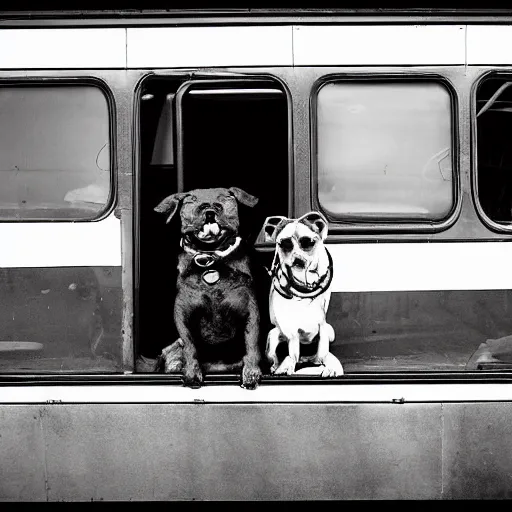 Image similar to !dream a street photo of two dogs sitting in front of the bus