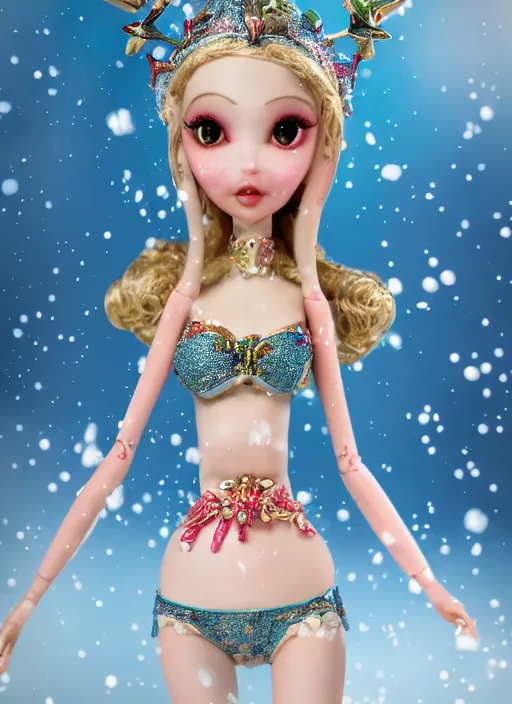 Prompt: closeup profile portrait of tin toy fairytale princess ice snow bikini girl, depth of field, zeiss lens, detailed, symmetrical, centered, fashion photoshoot, by nicoletta ceccoli, mark ryden, lostfish, breathtaking, 8 k resolution, extremely detailed, beautiful, establishing shot, artistic, hyperrealistic, octane render