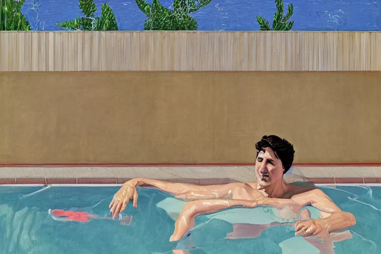 Prompt: justin trudeau in a swimming pool in a house in california, magazine centerfold, by david hockney, peter doig, lucien freud, francis bacon, pop realism, oil on canvas