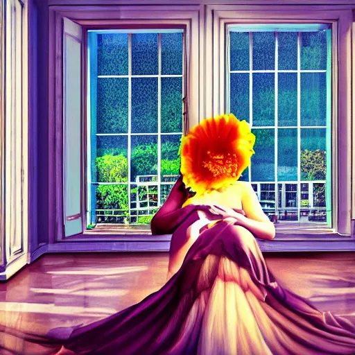 Image similar to giant flower under head, woman next to modern windows, luxury apartment, surreal photography, dramatic light, impressionist painting, digital painting, artstation, arthur adams