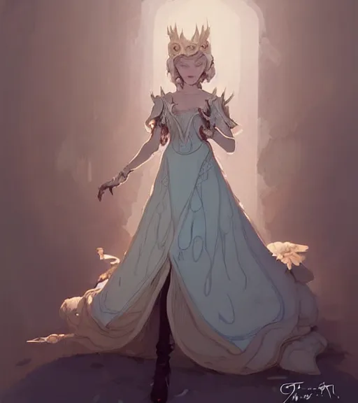 Prompt: portrait of a baroque dress design from fantasy world for dragon queen by atey ghailan, by greg rutkowski, by greg tocchini, by james gilleard, by joe fenton, by kaethe butcher, dynamic lighting, gradient light blue, brown, blonde cream and white color scheme, grunge aesthetic