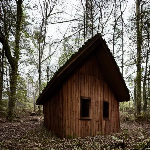 Prompt: a photo of a Eerie cabin in the middle of the woods in the style of Yohji Yamamoto