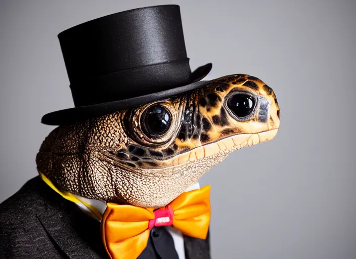 Image similar to photo still of a tortoise wearing a top hat and bowtie, 8 k, studio lighting bright ambient lighting key light, 8 5 mm f 1. 8