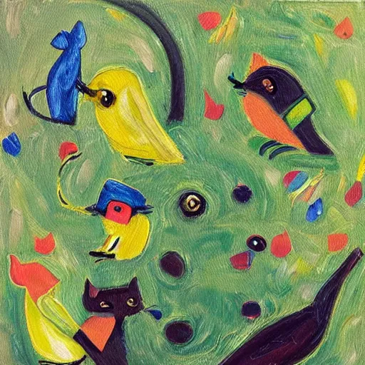 Prompt: The green and climbing eyesight of a cat Crawled near my mind’s poor birds, beautiful oil painting on canvas