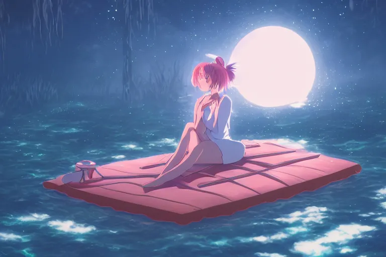 Prompt: a cute anime woman sleeping on a raft, misty, glows, by studio ghibli, anime, hazy, foggy, ambient lighting, 8 k, neon, synthwave,
