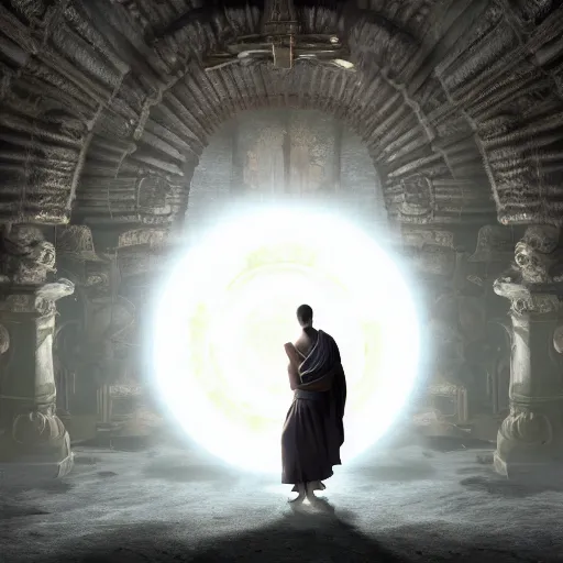 Image similar to concept art a monk discovering a portal to enlightenment, 8 k, cinematic lighting, dark, detailed, crisp, clarity, crisp, ornate, luxury, elite, zen, cinematic