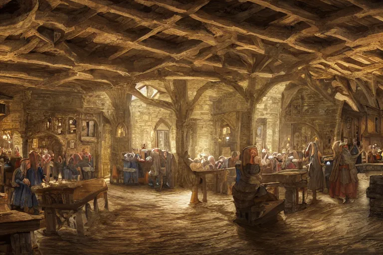 Image similar to A medieval tavern viewed from the inside, texture, intricate, details, highly detailed, masterpiece, architecture, building, trending on artstation, focus, sharp focus, concept art, digital painting, fantasy, sunny, day, midday