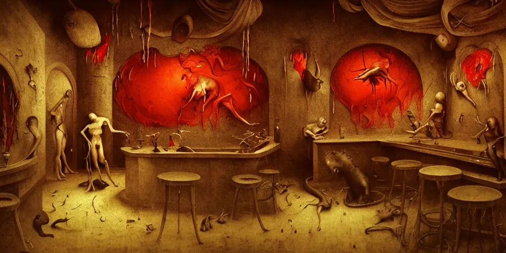 Image similar to surreal bar interior in hell by hieronymus bosch, animal body parts, red blood dripping, wide shot, baroque painting, dreamlike atmosphere, surreal abandoned buildings, beautiful detailed intricate insanely detailed octane render trending on artstation, soft natural volumetric cinematic perfect light, masterpiece, 8 k artistic photography, chiaroscuro, raphael, caravaggio, beksinski