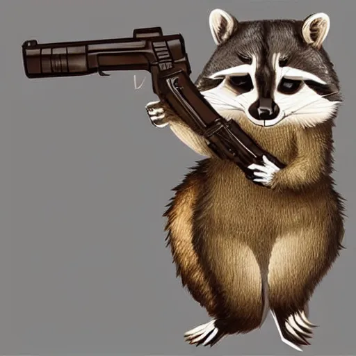 Image similar to a raccoon dressing up as a squirrel holding a gun, concept art, very detailed