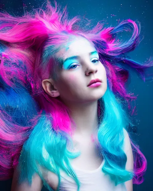 Prompt: a dramatic lighting photo of a beautiful young woman eva elfie with cotton candy hair. paint splashes. with a little bit of cyan and pink