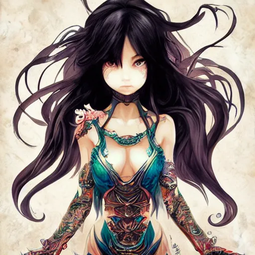 Image similar to judgement dragon, heroine, beautiful, playful smile, detailed portrait, intricate complexity, in the style of Artgerm, Kazuki Tanahashi, and Ross Tran, cel-shaded