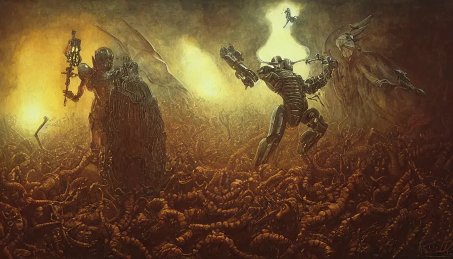 Image similar to robocop fighting demons in hell by agostino arrivabene