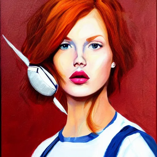 Image similar to redhead fashion model astronaut portrait, realism oil painting