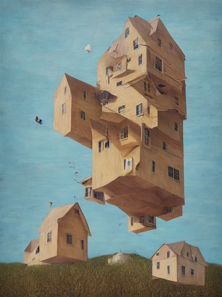 Prompt: artist cinta vidal painting on wooden canvas of 3 d house floating in the air, high detail colored pencil illustration,