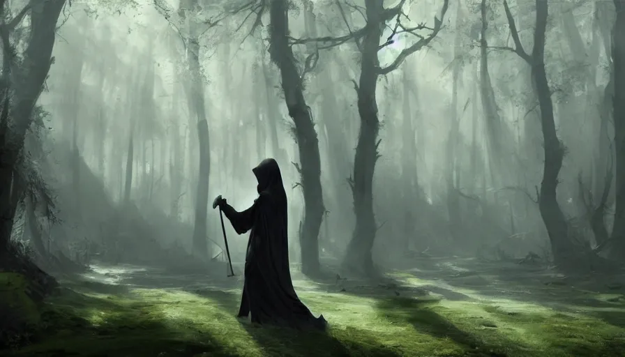 Prompt: A beautiful painting of a the grim reaper wearing a flowing cloak in a magical forest, ray traced sun light, by greg rutkowski and Kalin Popov , Trending on artstation HD.