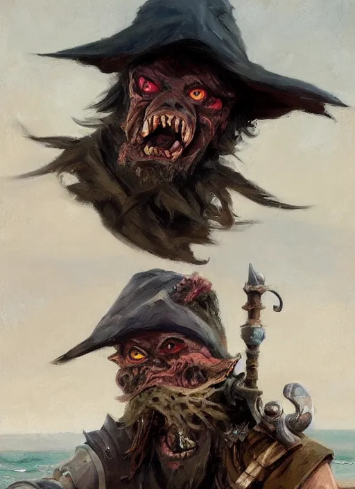 Image similar to A goblin pirate, gritty, fantasy character portrait, ocean background, artwork by Jeremy Lipkin and Giuseppe Dangelico Pino and Michael Garmash and Rob Rey, very coherent asymmetrical artwork, sharp edges, perfect face, simple form, 100mm