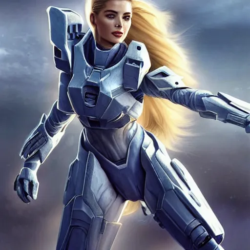 Prompt: A combination of Adriana Dxim's and Grace Kelly's and Ashley Greene's appearances with blonde hair wearing Forerunner armor from Halo, high tech, action shot, angular, full body portrait, futuristic, dramatic, fantasy, intricate, elegant, highly detailed, artstation, matte, sharp focus, 8K, art by Artgerm and Greg Rutkowski and Alphonse Mucha