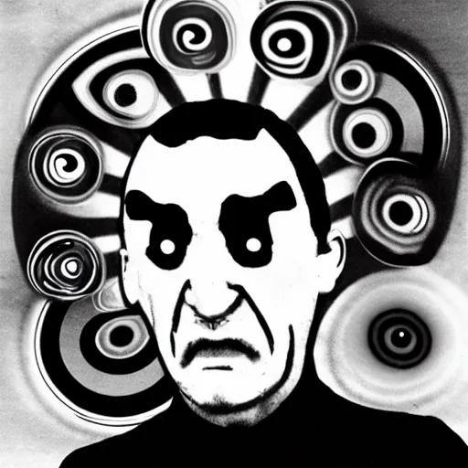 Image similar to depraved and insane man with spiral eyes and tvs with eyes on the screen all around in the style of herbert ploberger and nainoa rosehill