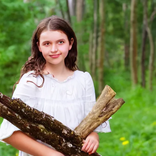 Prompt: a middle-school girl with unkempt wavy short brown hair wearing a white dress and holding a bundle of firewood, high resolution film still, 8k, HDR color