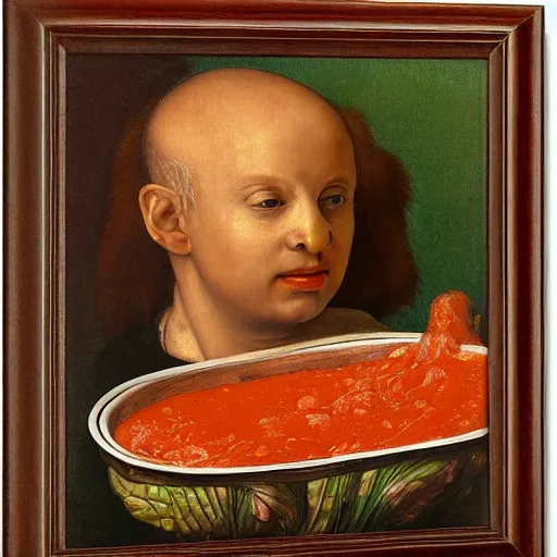 Image similar to a boy sitting in a tub full of tomato sauce, a lot of cabbage, by giuseppe arcimboldo and ambrosius benson, renaissance, portrait, fruit, intricate and intense oil paint, realistic