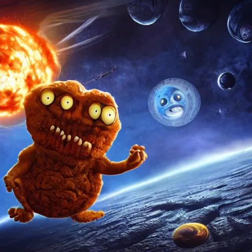 Image similar to eldritch horror bloody garfield in space, hd, 8 k, giant, epic, realistic photo, unreal engine, stars, prophecy, powerful, cinematic lighting, destroyed planet, debris, violent, sinister, ray tracing, dynamic, epic composition, dark, horrific, teeth, grotesque, monochrome drawing, hellscape