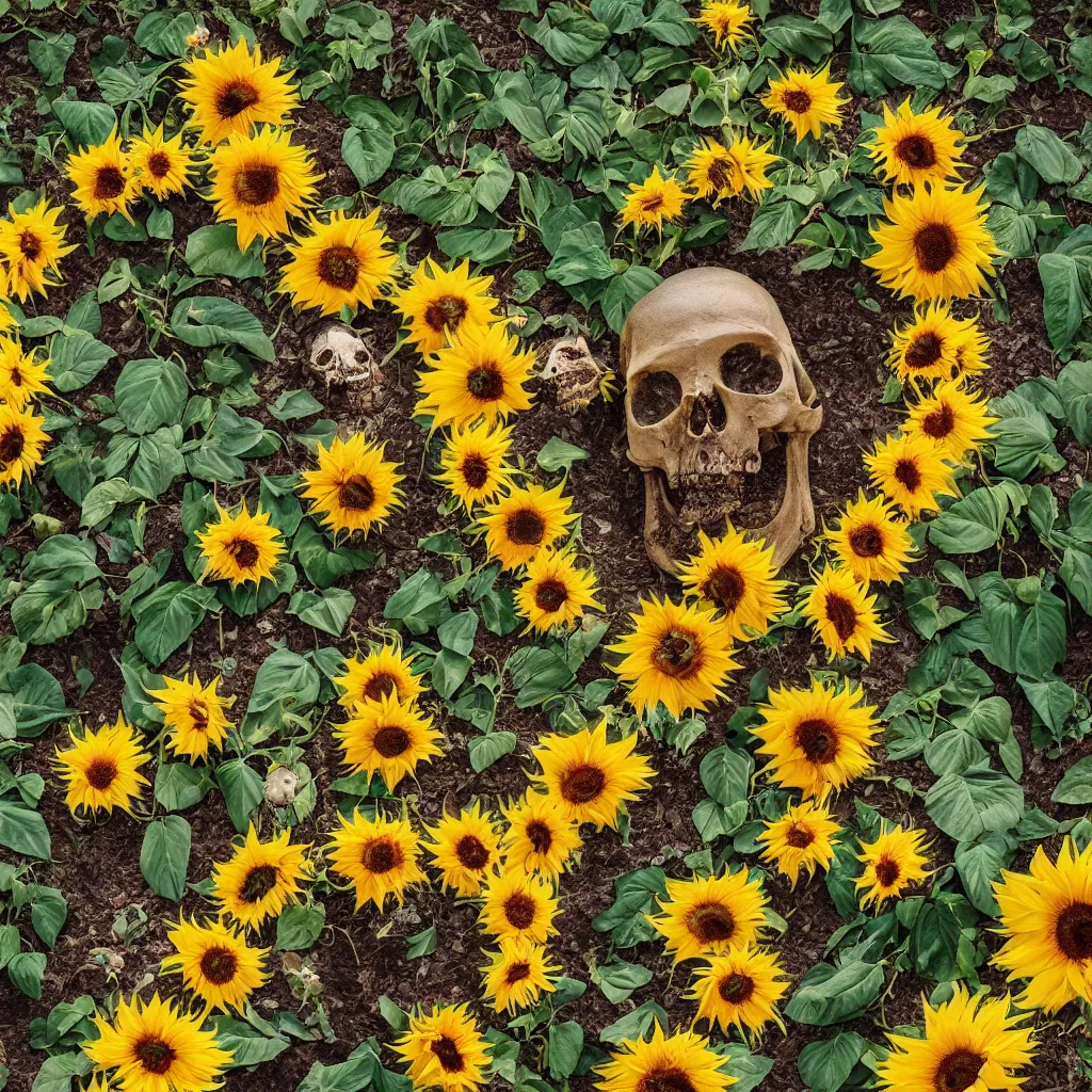 Prompt: corpse flower, sunflower petals blooming a skull