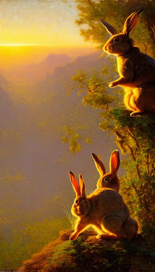 Image similar to hyper realistic rabbit looking off of a cliff, sun setting behind rabbit, lush forest in valley below, painted by gaston bussiere, craig mullins, j. c. leyendecker 8 k