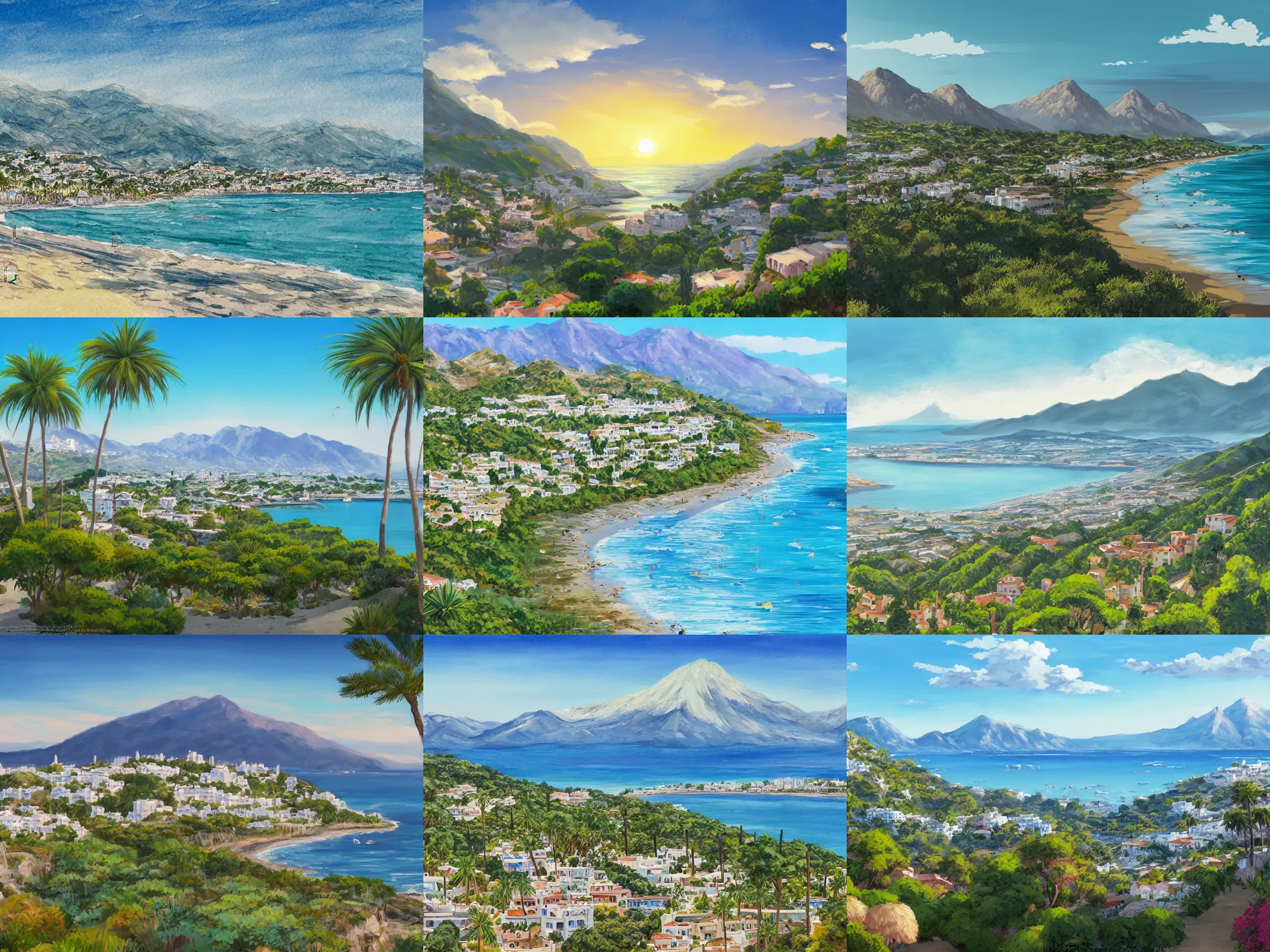 Prompt: very detailed view marbella landscape, sun coast, small city, beach, mountain in the background, trending on artstation, studio ghibli, fine art, 8 k resolution