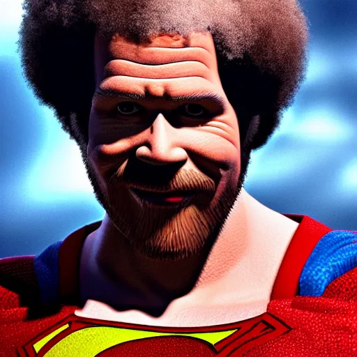 Prompt: bob ross as superman, cinematic lighting. 4 k.