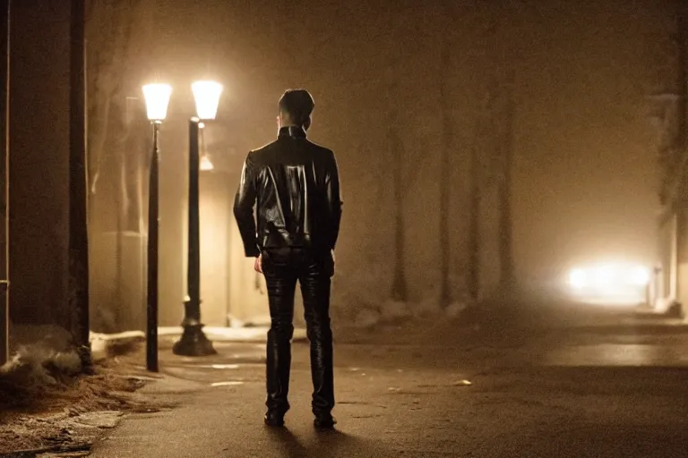 Image similar to movie shot of young man from back pacing lowering head dressed in short leather bomber jacket to empty narrow alley with street lamps in park with pines to the horizon, with hands in pockets, snowfall at night, mullet long haircut, black hairs, cinematic, dramatic, detailed, realistic, movie shot, low lighting