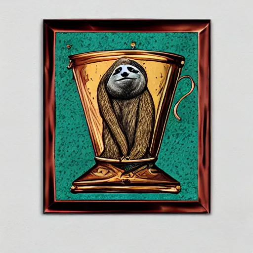 Prompt: sloth as the king of cups, copper cup, copper crown, poster framed, intricate details, medieval art style, high contrast, solarized