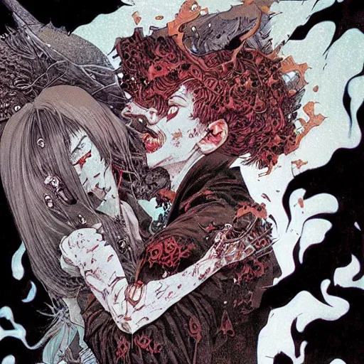 Prompt: closeup of vampire kiss, melting, by yoichi hatakenaka, masamune shirow, josan gonzales and dan mumford, ayami kojima, takato yamamoto, karol bak