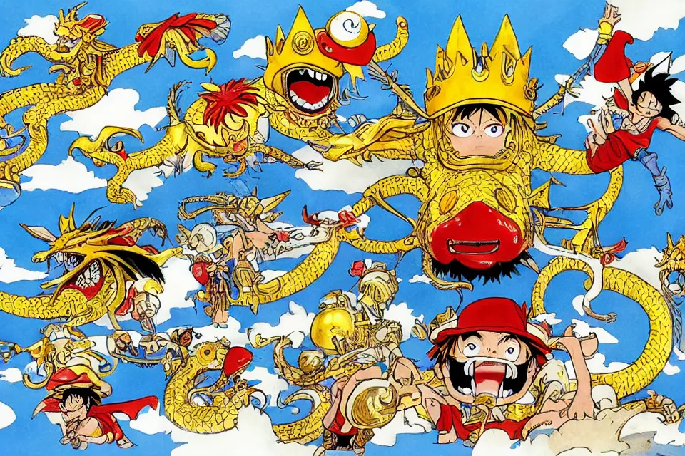 Prompt: concept sketches of luffy wearing a gold crown riding a large dragon by jamie hewlett, in the style of megaman, micro detail