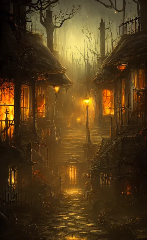 Prompt: dark fantasy concept art of a neighbor hood view at night of a Halloween decorated street, dynamic lighting, photorealistic, cinematic, ultra detailed, trending on art station, creepy, lonely vibe, stunning visuals, extreme detail, eery vibe