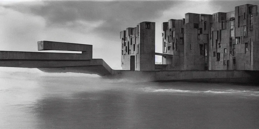 Image similar to a floating upside down brutalism architecture, ilford hp 3, photo from 1 9 5 0, emerged by a river