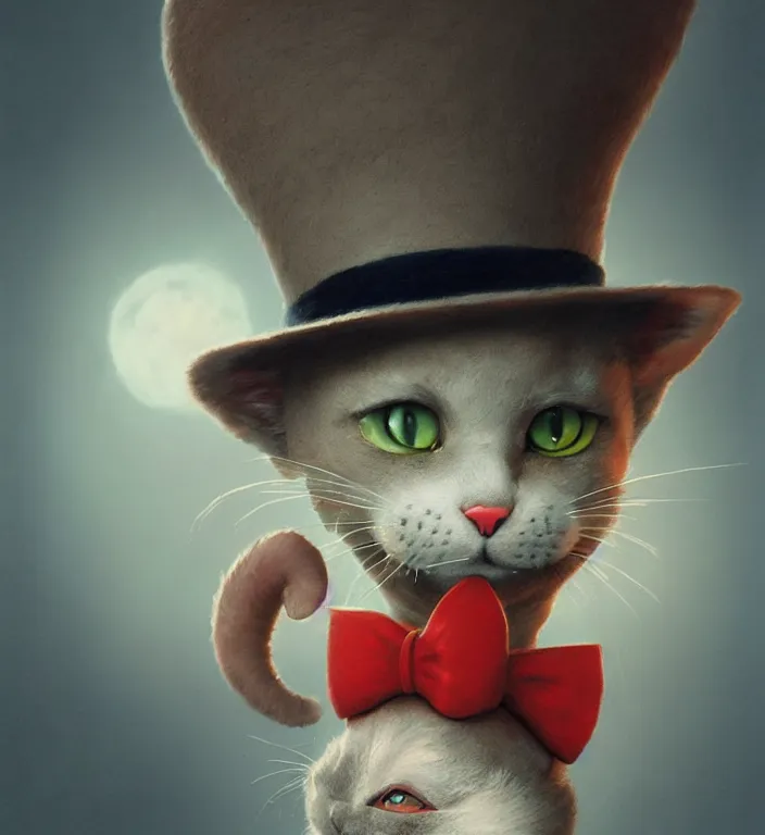 Image similar to complex 3 d render, hyper detailed, ultra sharp, of the cat in the hat, scary, cinematic, natural soft light, rim light, art by greg rutkowski and artgerm and moebius, dr seuss