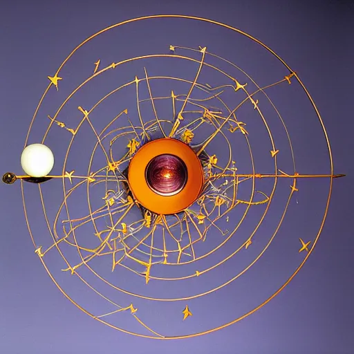 Image similar to a kinetic sculpture of this solar system, sun, orrery, canon 5 d 5 0 mm lens, papier - mache, studio, 1 9 8 7