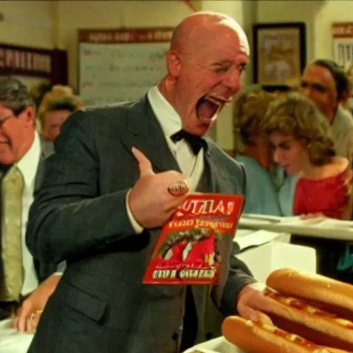 Prompt: an auctioneer gets excited seeing a priceless delicious hot dog, promotional photo, movie still, cinematic,