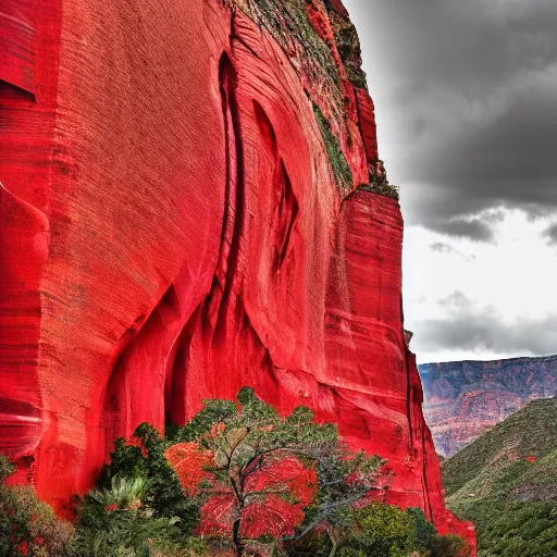 Image similar to a red cathedral in a canyon. overcast sky.