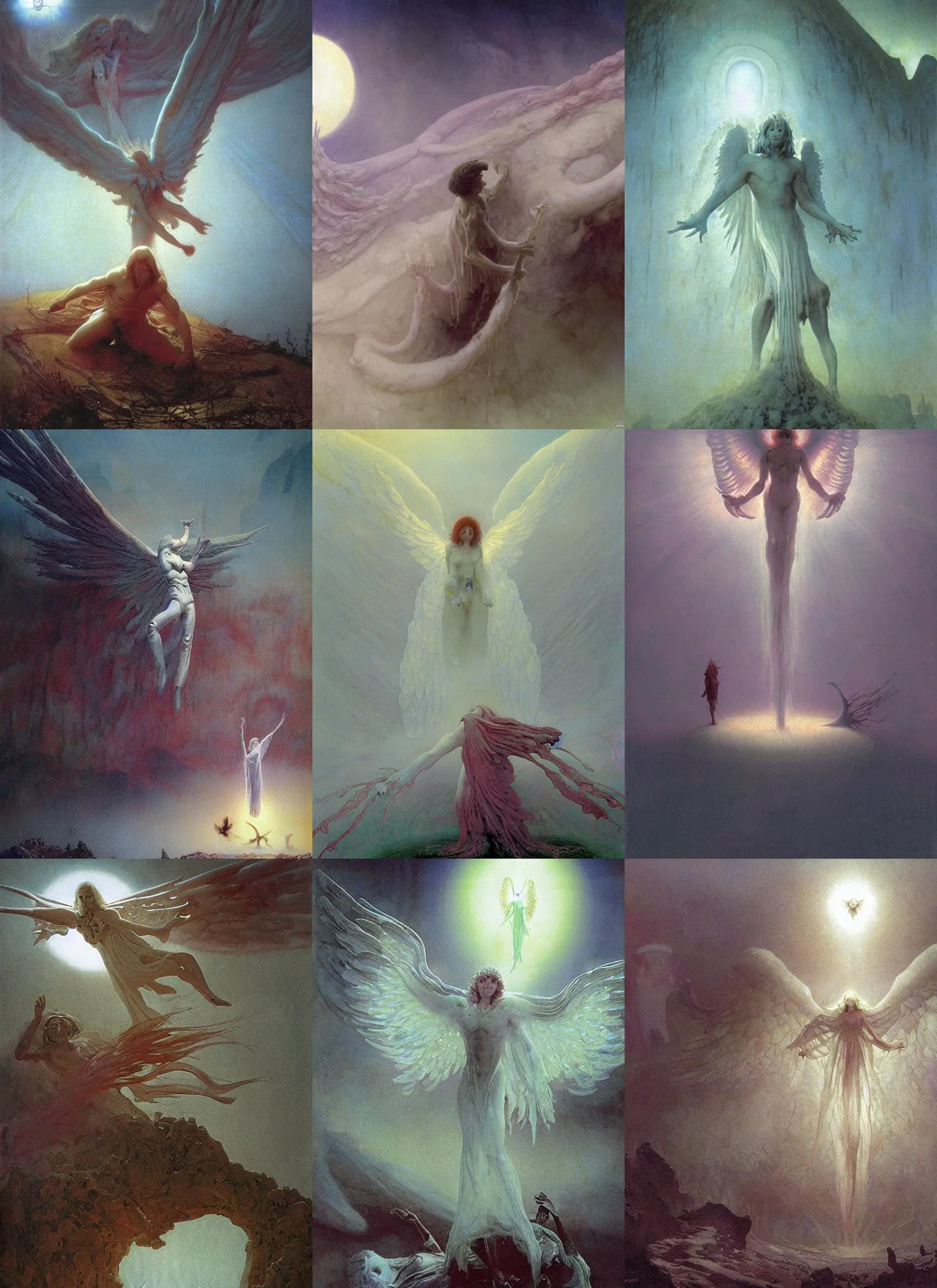 Image similar to giant white glowing angel rising above fallen demon lying on the foggy ground by wayne barlowe, wes anderson, arnold böcklin, roger dean, mikalojus konstantinas ciurlionis, mikhail vrubel and wadim kashin, rich moody colours, 90-s anime, ethereal, lo-fi retro videogame