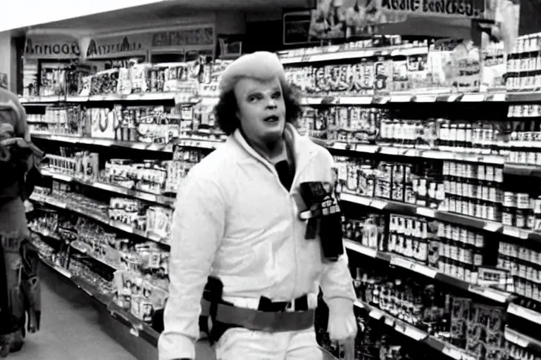 Image similar to a still ronald mcdonald shoplifting from a grocery store in the tv show the a - team, vcr recording