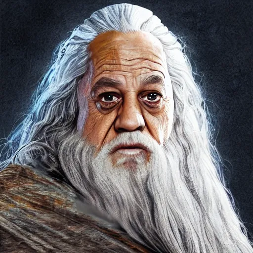 Prompt: ultra realistic illustration of danny devito as gandalf the white from lord of the rings the return of the king, full body, high quality, highly detailed, wide angle, illustration, digital art, full color