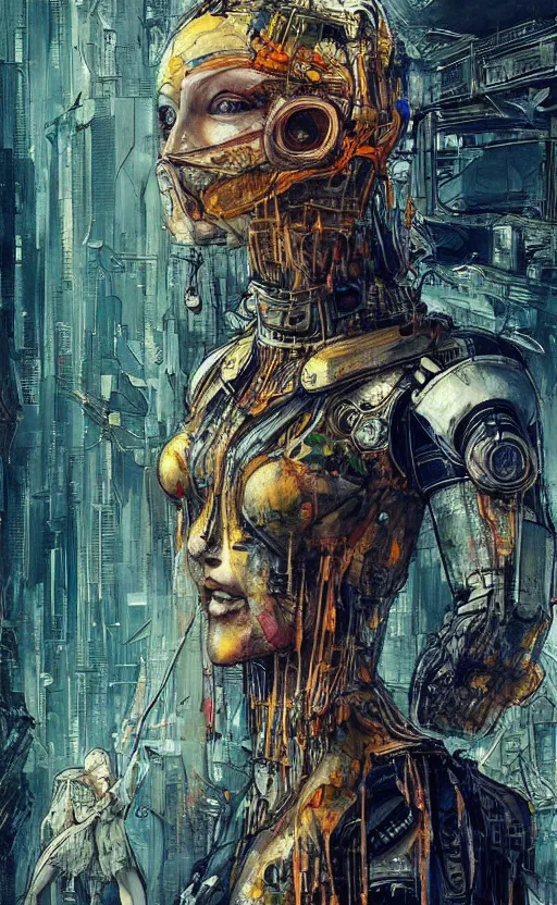 Image similar to woman wearing gown made of mech mask rendered in unreal engine, cyberpunk, rave, scifi, painted by albrecht durer | bernard buffet | carne griffiths | wlop