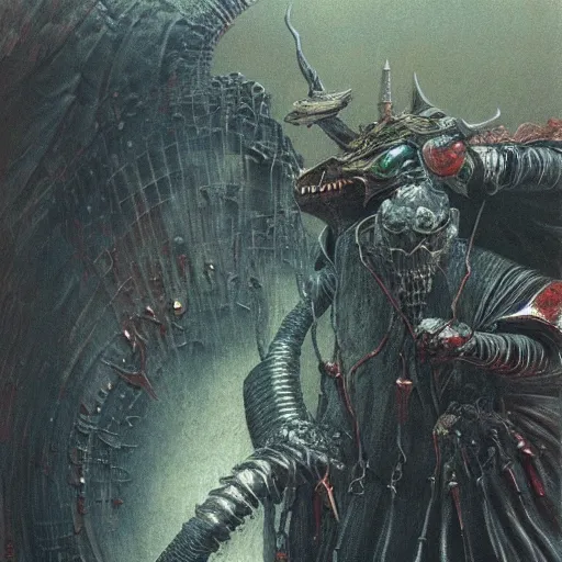 Image similar to epic wizard riding futuristic motorcycle through the gates of hell, wearing samurai armor, highly detailed beksinski painting