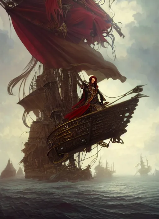 Image similar to upper body shot of male pirate, D&D, handsome, fantasy, intricate, long hair, steampunk airship in backdrop, steampunk, red hair, elegant, highly detailed, digital painting, artstation, concept art, smooth, sharp focus, illustration, art by artgerm and greg rutkowski and alphonse mucha