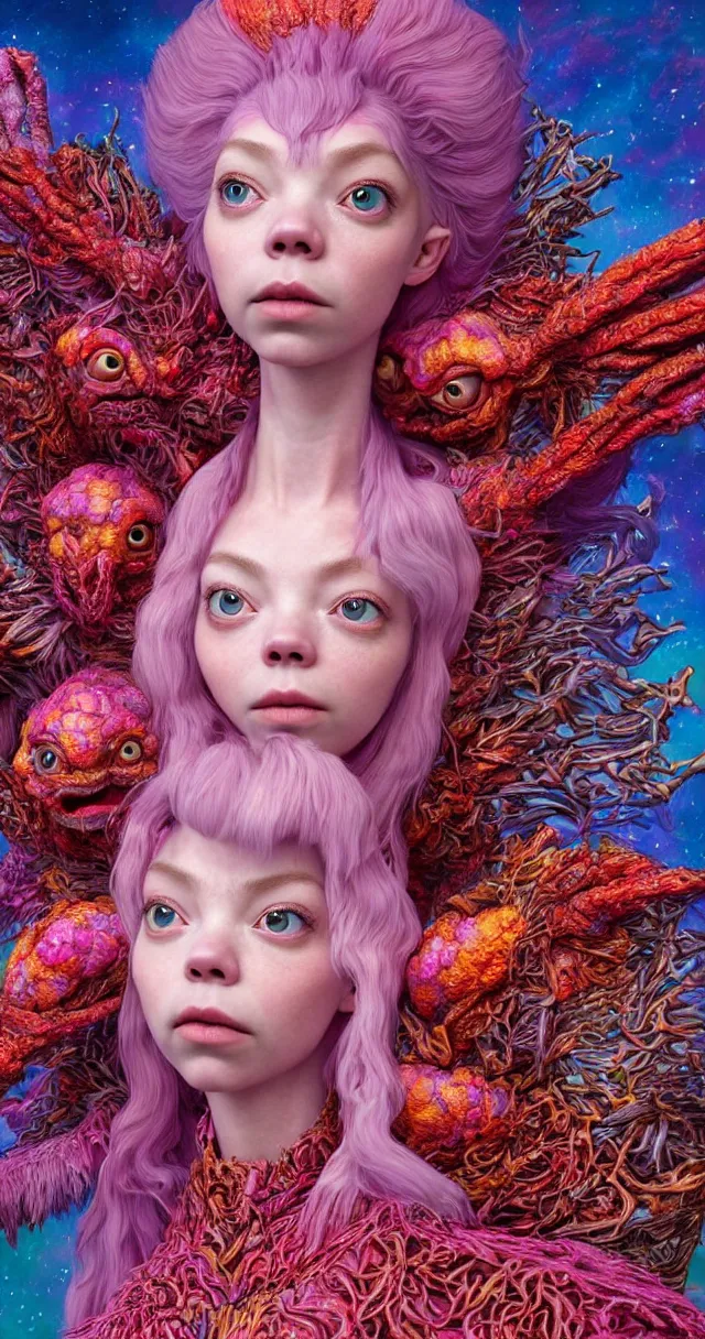 Image similar to hyper detailed 3d render like a Oil painting - kawaii portrait of ein Aurora (a beautiful skeksis muppet fae queen from dark crystal that looks like Anya Taylor-Joy) seen red carpet photoshoot in UVIVF posing in scaly dress to Eat of the Strangling network of yellowcake aerochrome and milky Fruit and His delicate Hands hold of gossamer polyp blossoms bring iridescent fungal flowers whose spores black the foolish stars by Jacek Yerka, Ilya Kuvshinov, Mariusz Lewandowski, Houdini algorithmic generative render, Abstract brush strokes, Masterpiece, Edward Hopper and James Gilleard, Zdzislaw Beksinski, Mark Ryden, Wolfgang Lettl, hints of Yayoi Kasuma and Dr. Seuss, octane render, 8k